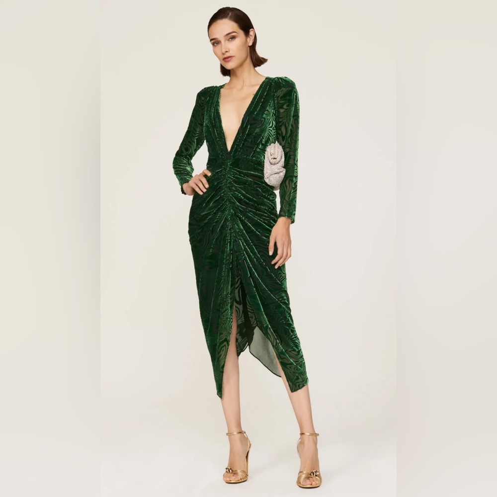 Ronny Kobo Green Satin Long Sleeve Cocktail Dress